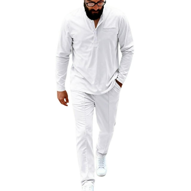 Men's 2 Piece Plaid Jacquard Track Suit - Quarter Button Polo Sweatshirt & Jogger Pants Set,White,Large