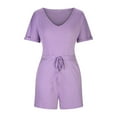thumbnail image 4 of FAIWAD Womens Elastic Short Rompers V Neck Short Sleeve with Pockets Comfy Jumpsuit with Drawstring (Large, Purple), 4 of 7