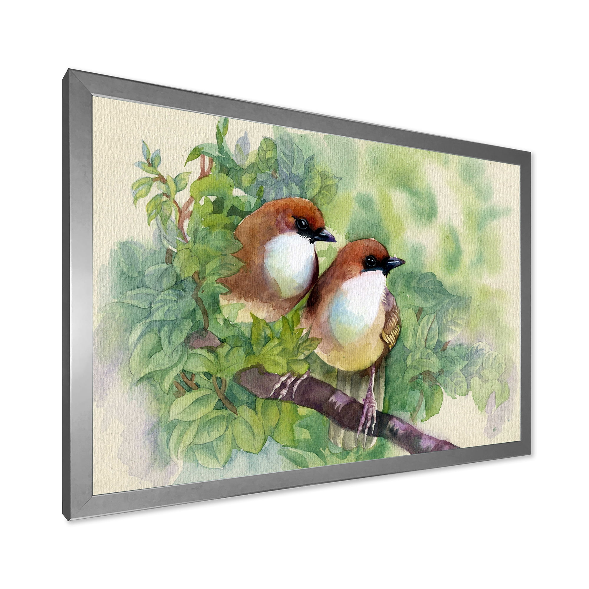 Birds Of Spring Sitting On Branch 20 in x 12 in Framed Painting Canvas Art Print, by Designart