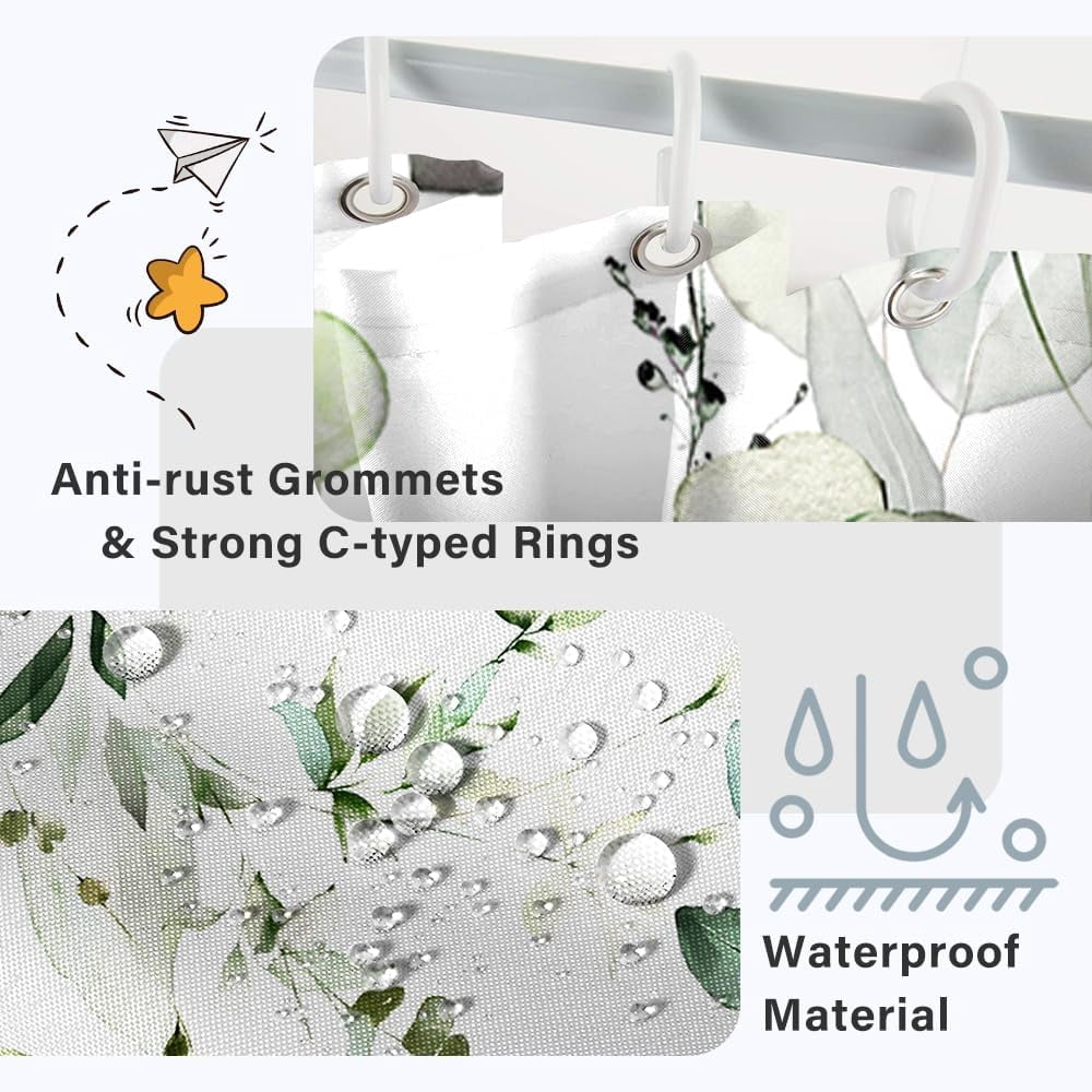 Sage Green Eucalyptus Shower Curtain, Watercolor Spring Leaves Shower Curtain for Bathroom Waterproof Botanical Shower Curtain Set with Hooks, 72x84 Inch