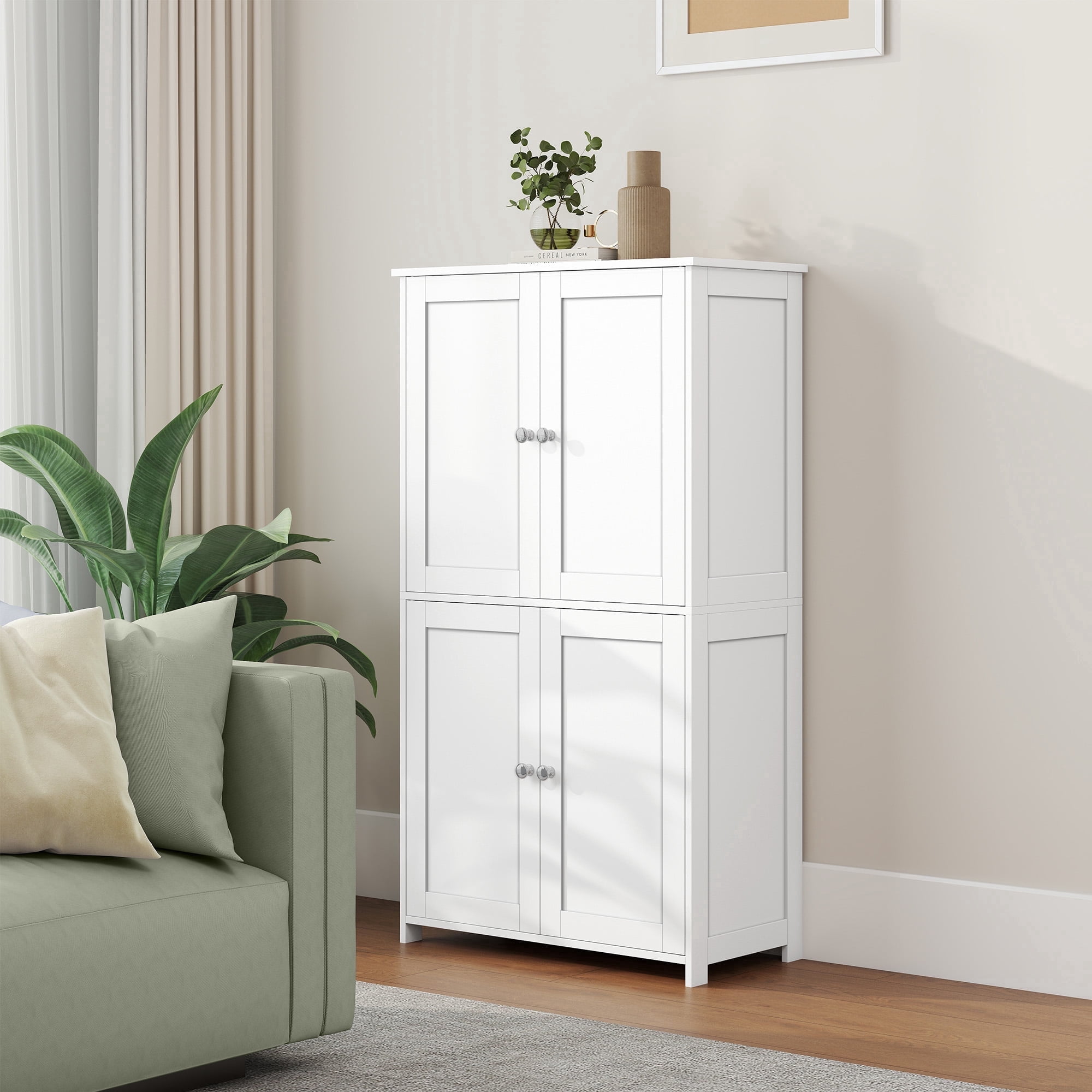 LEDREM Bathroom Storage Floor Cabinet Organizer with Adjustable Shelf 4 Magnetic Doors Freestanding for Small Spaces,White