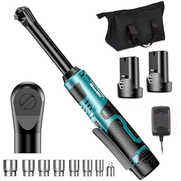 HAYAN Extended Cordless Electric Ratchet Wrench 3/8", 40 Ft-lbs Torque, Brushless Motor, 6" Long Neck, 220RPM, 2 Pack 2.0Ah Battery, Fast Charger, 1/4 Drive Adapter, 7 Sockets, for Car Repair, DIY