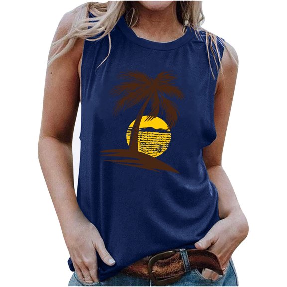 Penkiiy Hawaiian Beach Tank Tops for Women Summer Sunshine Graphic Sleeveless Tee Vintage Palm Tree Tee Hawaiian Vacation Shirts L Navy