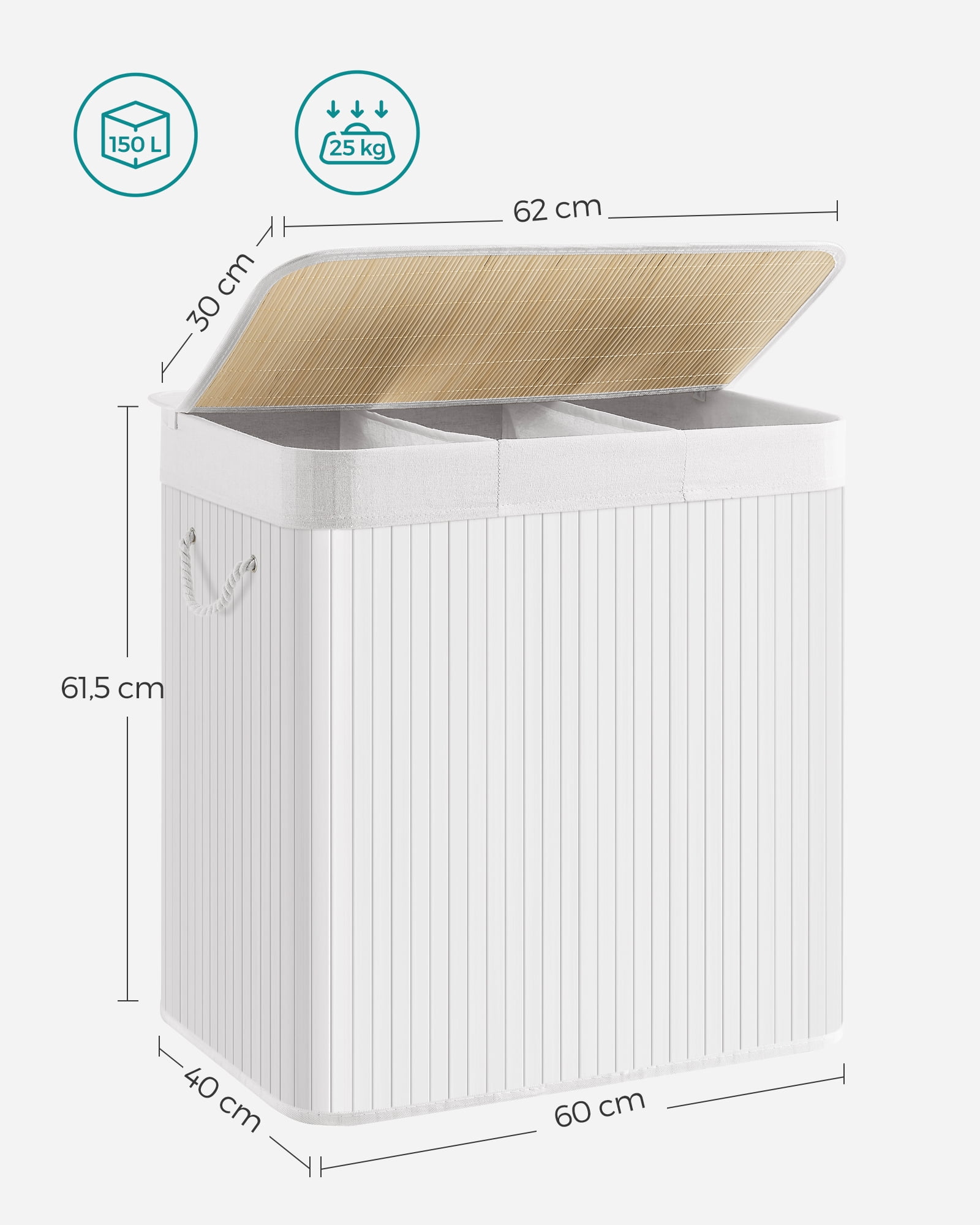 SONGMICS 39.6 Gallons Laundry Hamper, 3-Section Laundry Basket, Laundry Hamper with Lid, Bamboo, Foldable, Removable and Machine Washable Liner White