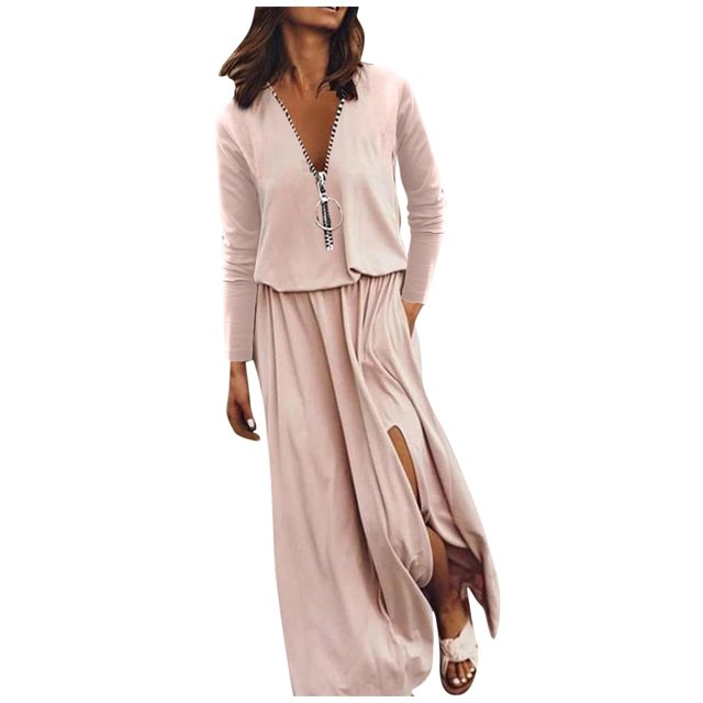 Gibobby Vestido de punto trenzado Vestido de suéter con cremallera en la cintura de manga larga de otoño de color sólido para mujer con cuello en V(Rosa,G)