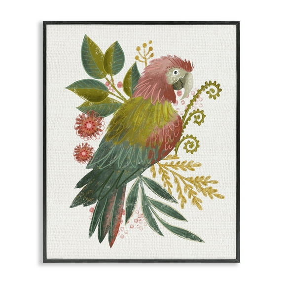 Stupell Industries Parrot with Eclectic Leaves Animals & Insects Painting Black Framed Art Print Wall Art, 24 x 30