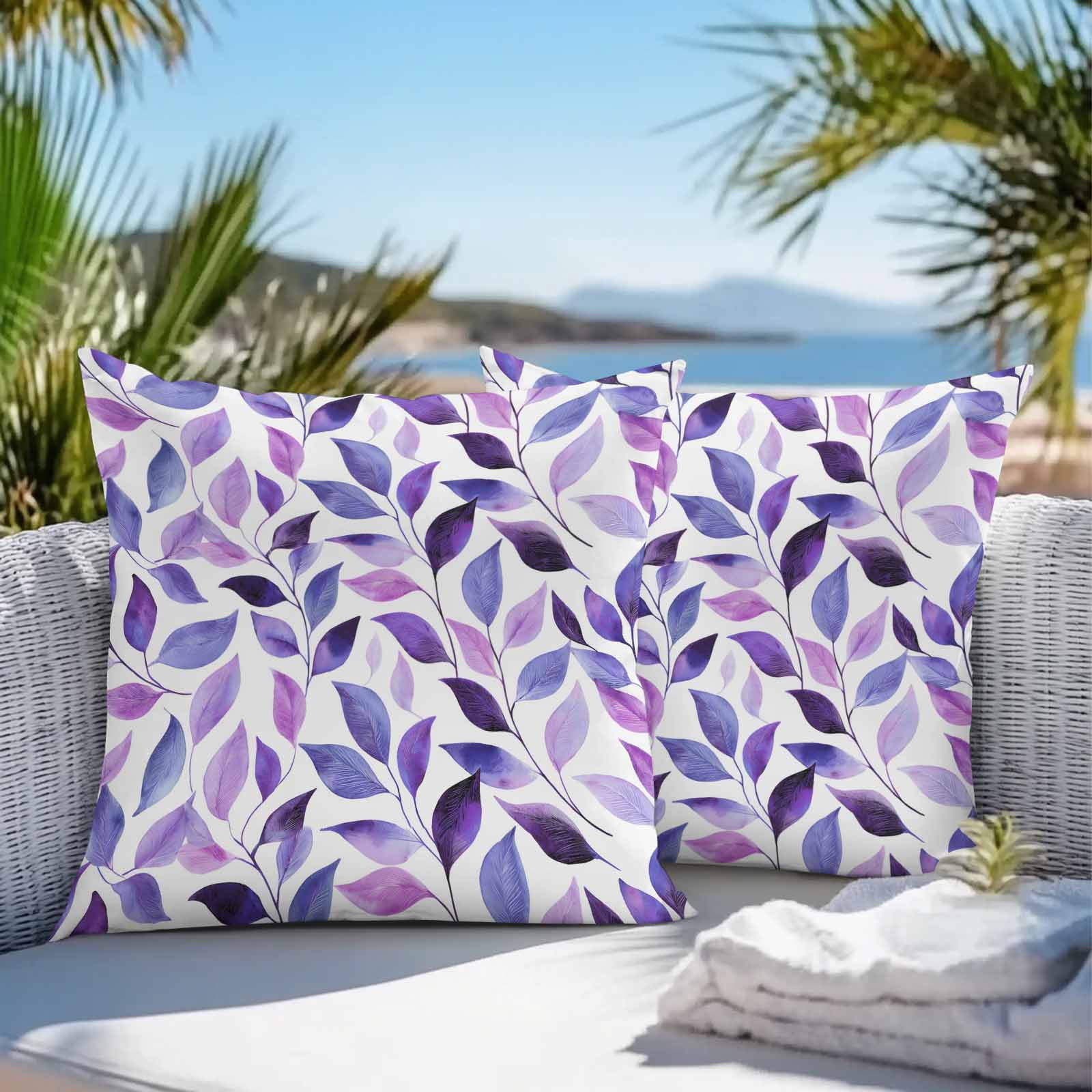 Outdoor Waterproof Throw Pillow Covers Set of 2 Purple Leaves Decorative Pillowcases Square Outdoor Pillows Cushion Case 16x16 Inch Spring Leaf Plants Patio Pillows for Couch Sofa Bed Garden