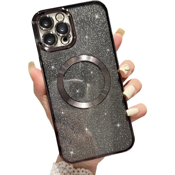 Magnetic Case for iPhone 13 Pro Max Glitter Case, Luxury Plating Cute Bling with Camera Lens Protector, Compatible with MagSafe, Slim Thin for Women Girls Protective Clear Phone Case, Black