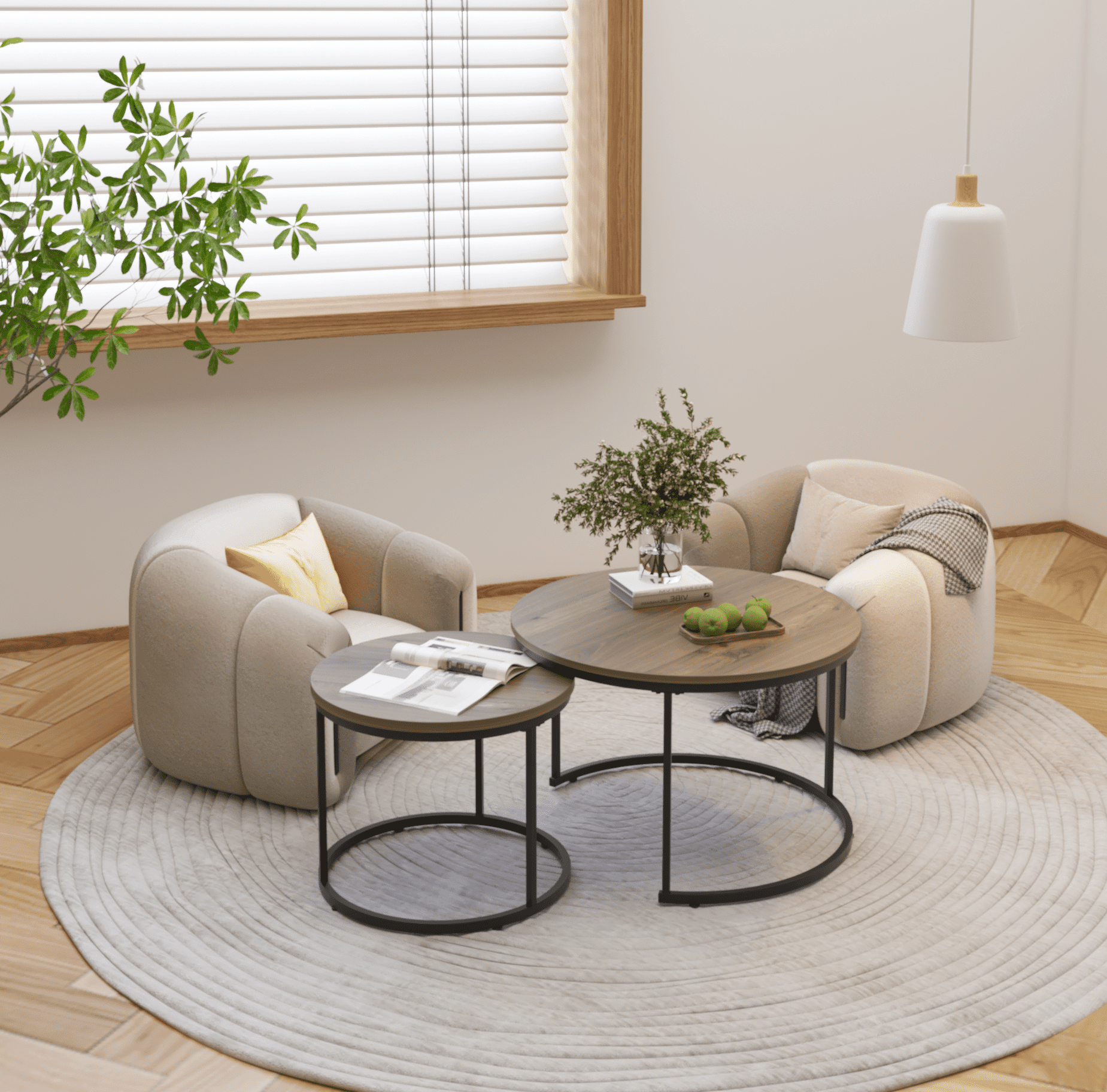 Yoneston 27.6" Round Coffee Table Set of 2, Wood Marble Pattern Top with Sturdy Metal Frame for Living Room Bedroom Balcony Yard, Brown