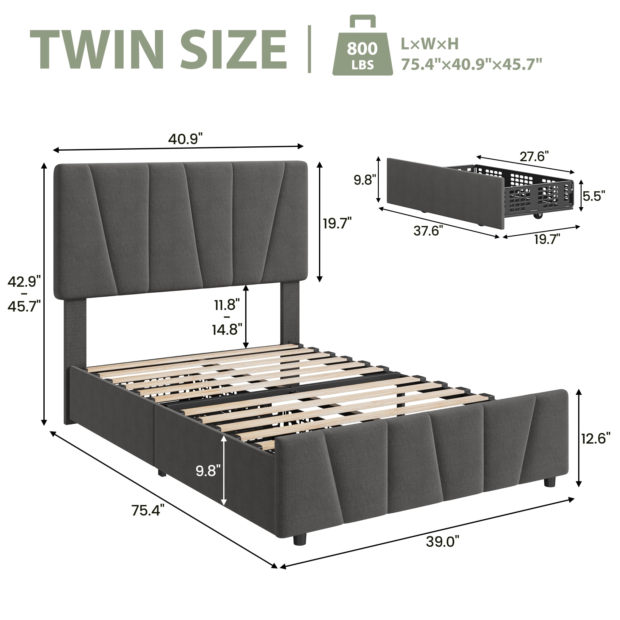 Garvee Twin Bed Frame with Adjustable Headboard and 2 Storage Drawers, Upholstered Platform Bed Frame Twin with Wooden Slats Support, No Box Spring Needed, Grey