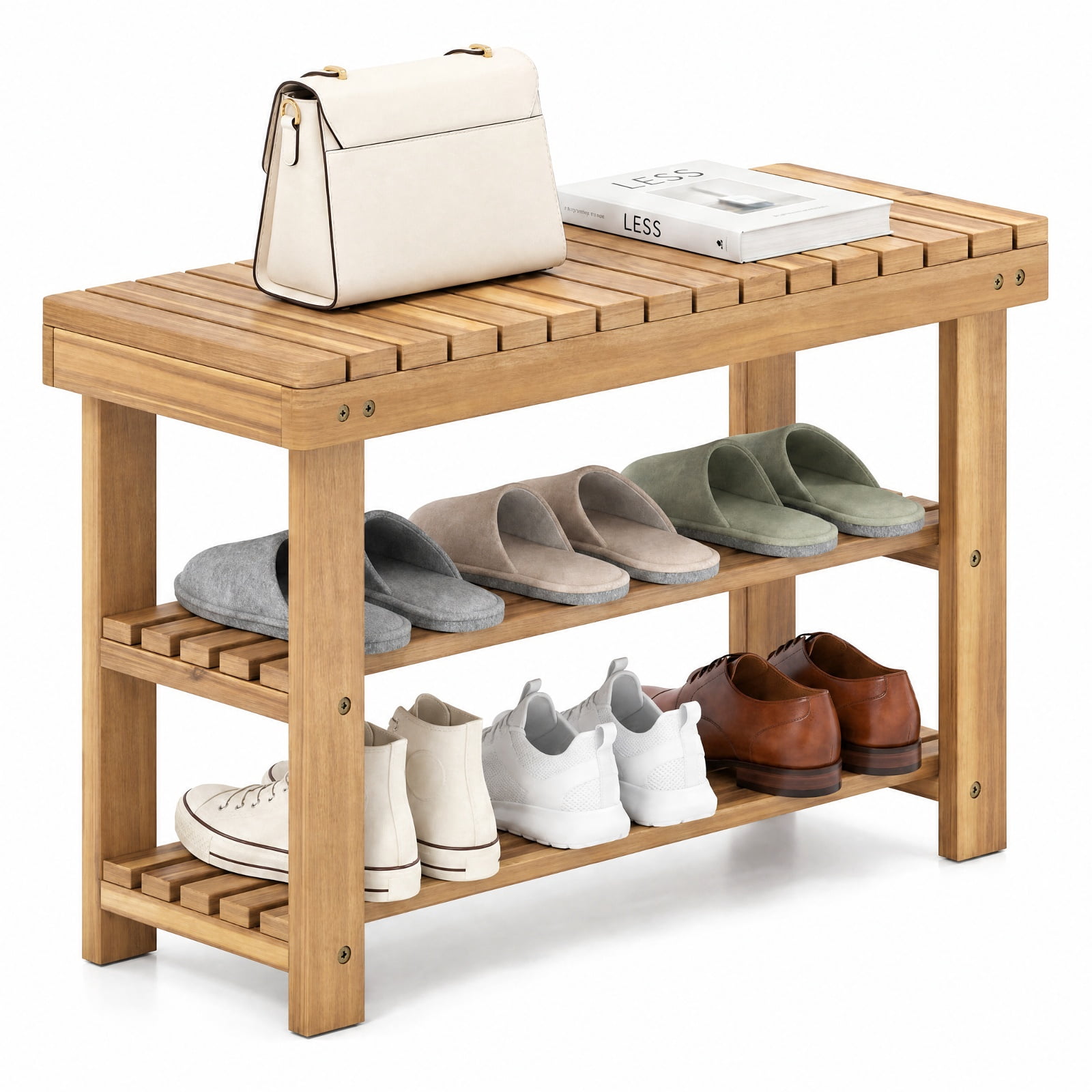 Furnibear 3 Tier Solid Wood Shoe Rack Bench with Slatted Shelves for Entryway Hallway and Living Room Shoe Storage Medium Size, Natural