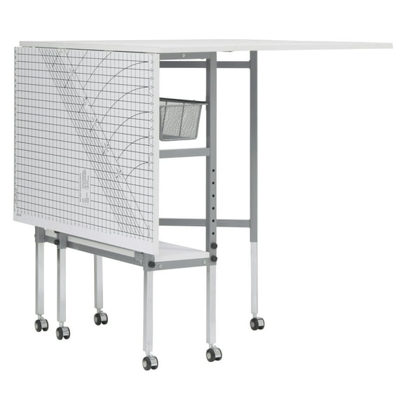 Sew Ready Alpha Height Adjustable, Foldable, Mobile Craft Table with Sewing Storage and Cutting Grid in White / Silver