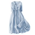 thumbnail image 3 of Dyfzdhu Cotton Linen Dresses for Women 2024 Summer Vintage Short Sleeve Flowy Beach Dress Collar V Neck Button Down Pleated Midi Dress Blue, 3 of 8