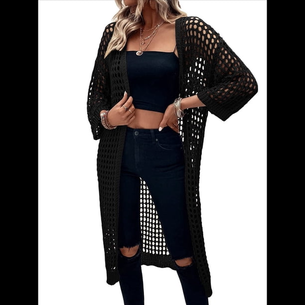 Cárdigan de Punto con Mangas 3/4 Abiertas y Aberturas Laterales para Mujer, Suéter , Negro, Talla M