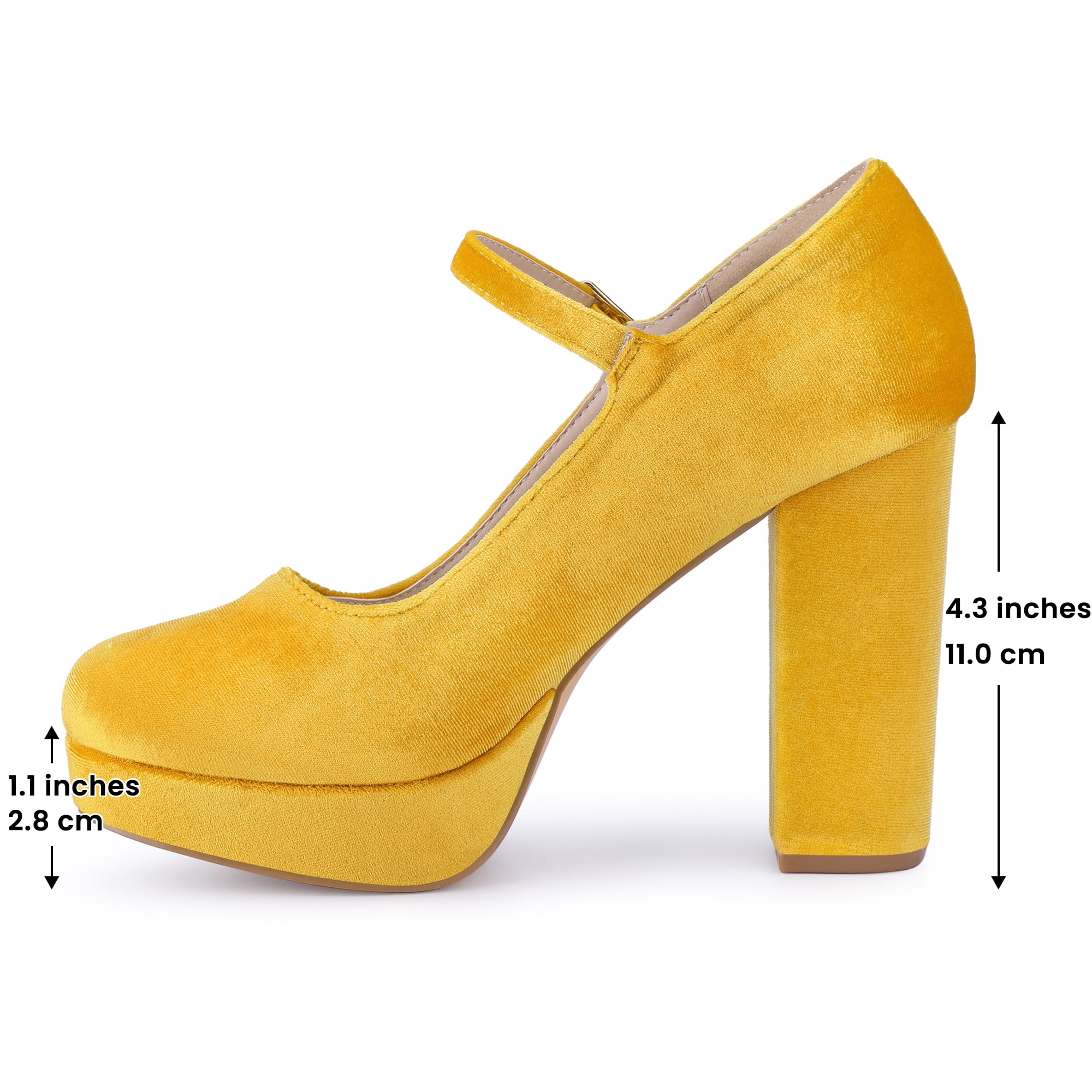 DARING DIVA Women's Velvet Ankle Strap Platform Block Heels Mary Jane Pumps Yellow 7