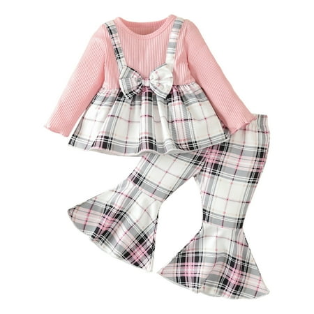 

EHQJNJ Girls 2 Piece Outfits Toddler Girls Long Sleeve Plaid Prints T Shirt Pullover Tops Bell Bottoms Pants Outfits Toddler Gymnastics Outfit Two Piece Outfits