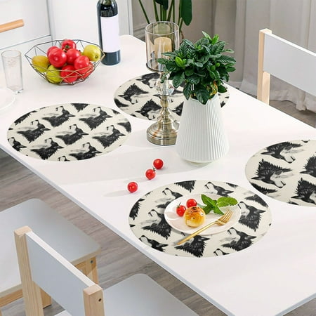 

Round Grid Placemat One Sizex4 Round Placemat PVC Plate Mat，15.4 Inch Non-Slip and Heat Resistant Table Placemat Dining Room Placemat Black Wolf