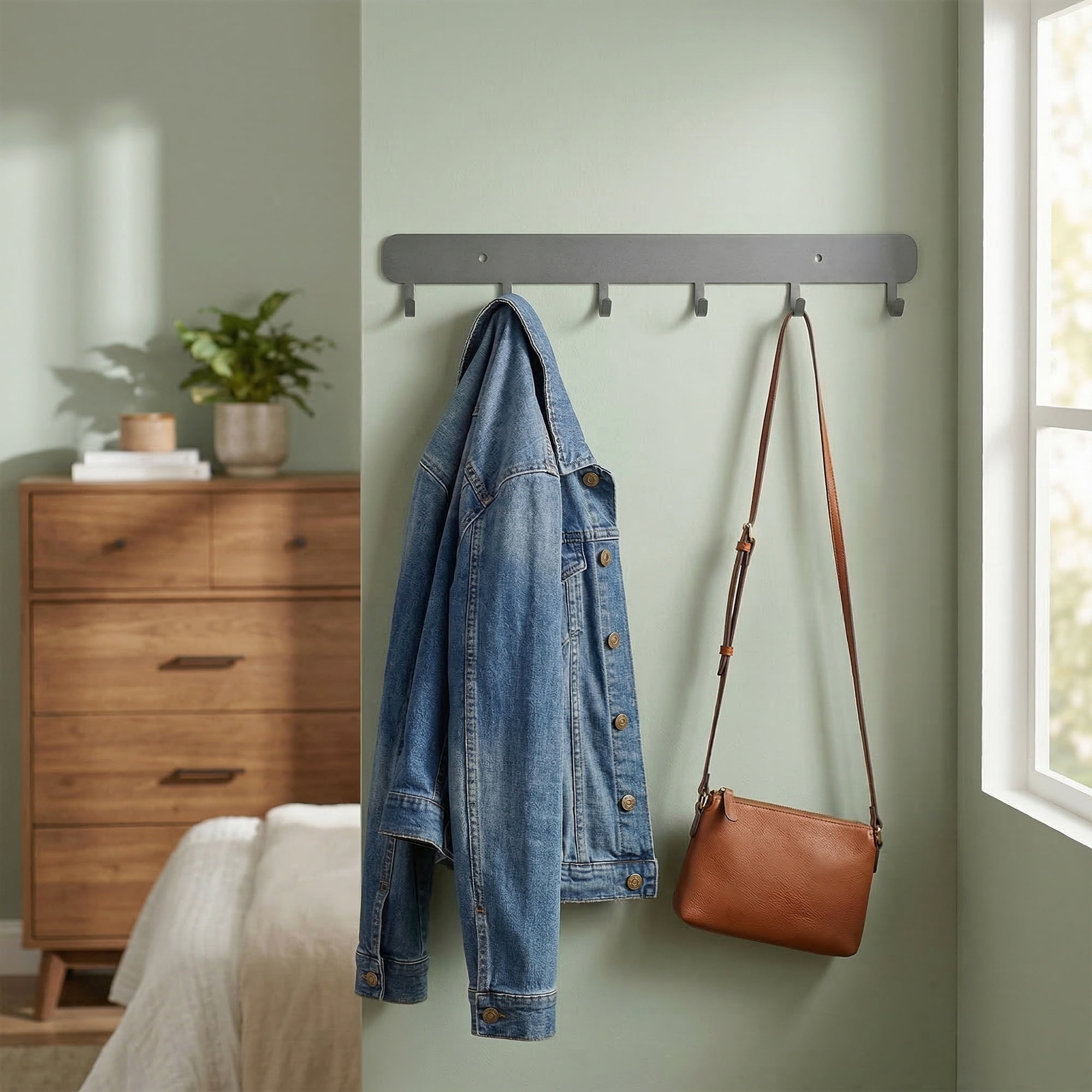 Unique Bargains Coat Rack Wall Mount Metal 6 Hooks Hat Rack for Entryway Bathroom Gray