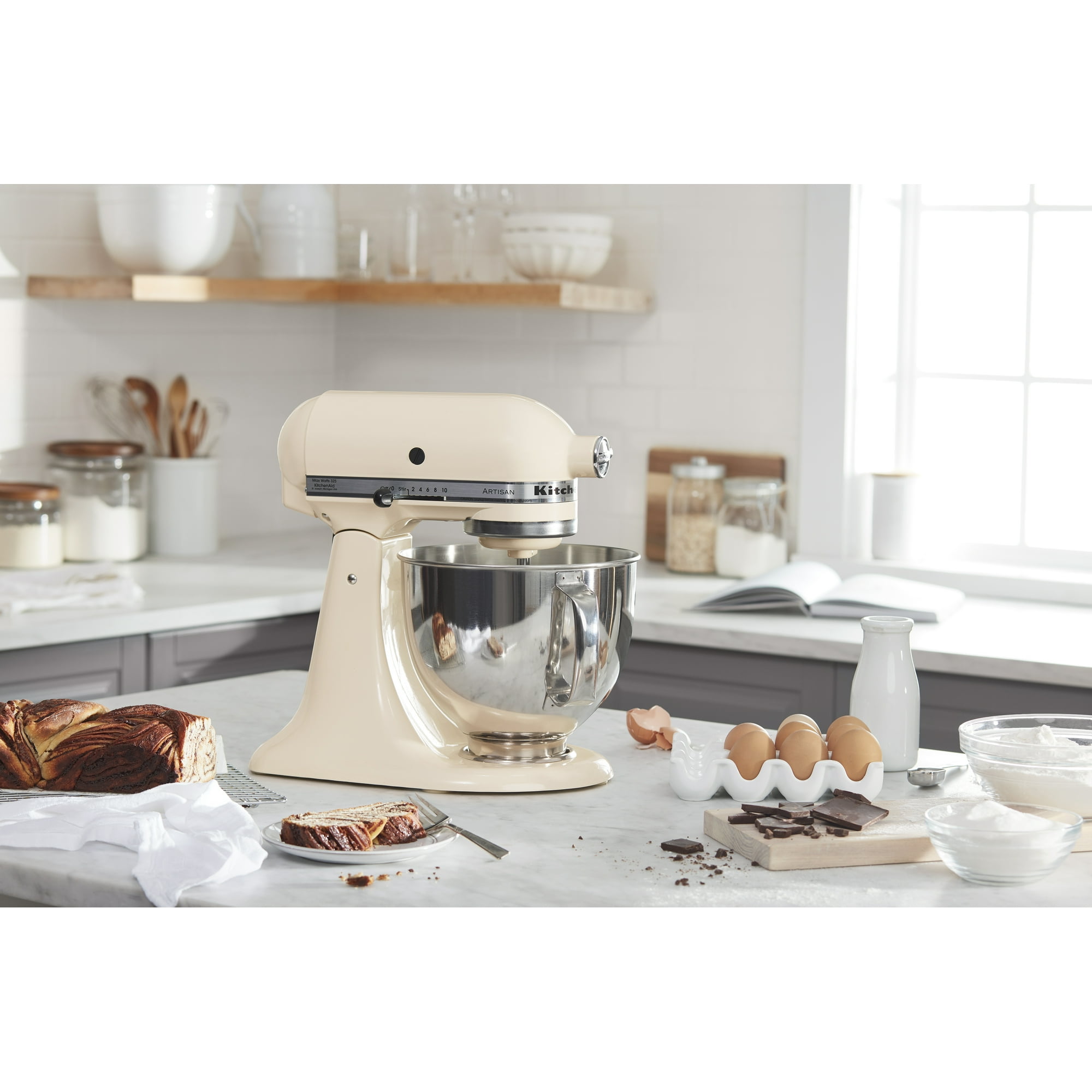 KitchenAid Artisan Series 5-Quart Tilt-Head Stand Mixer, Almond Cream with Flat Beater, Dough Hook, Whip