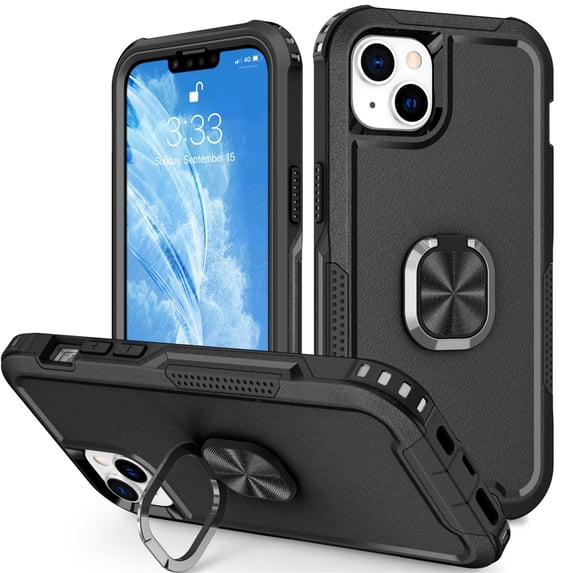 SaniMore for iPhone 14 Multi-Functional Case, 3-Layer Protection Magnetic Cover Support Car Mount & 360° Rotatable Metal Ring Kickstand Full Body Shockproof Protective Shell, Black