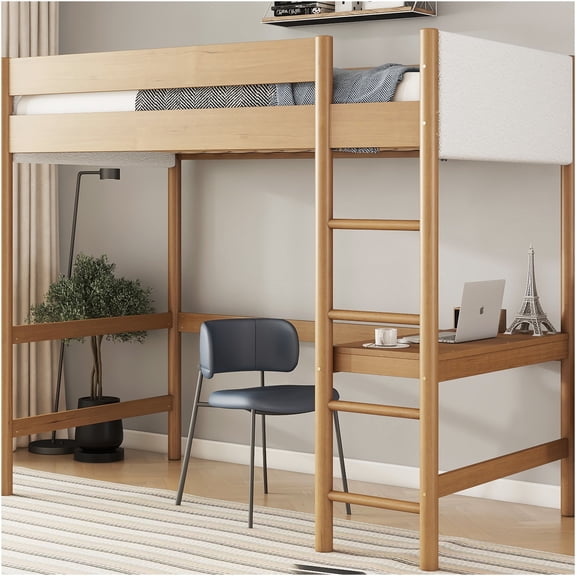 JERFIT Twin Loft Bed with Desk, Upholstered Headboard, Ladder, Natural