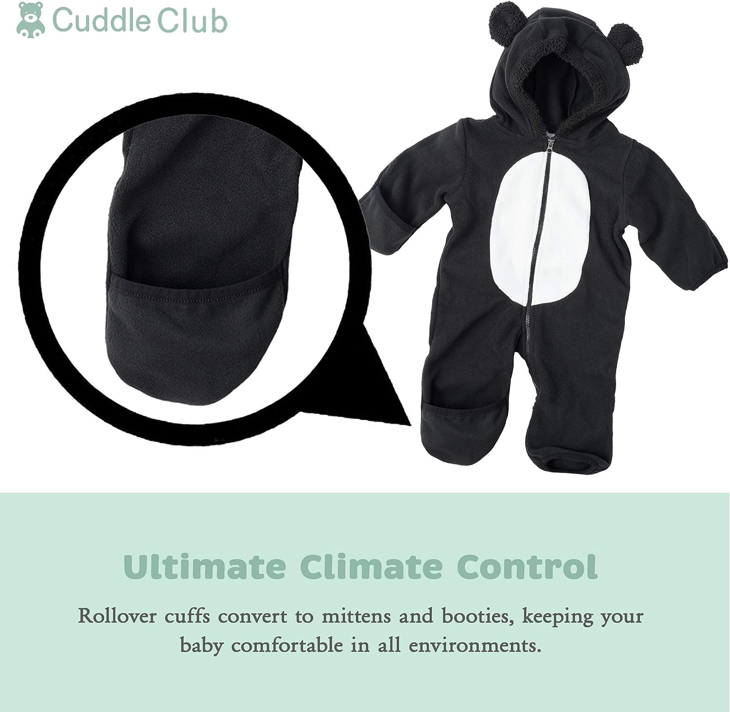 Cuddle Club One Piece Romper Hooded Fleece Onesie Jumper for Baby, Bear B&W 3-6 Mos