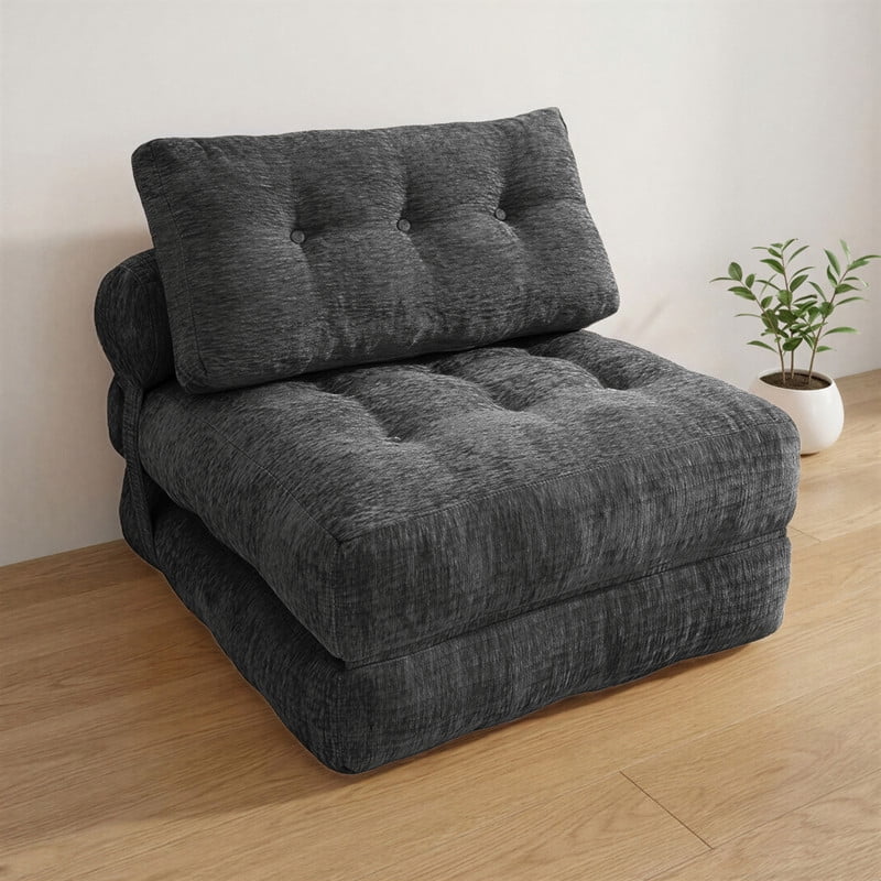 Oak and Birch Boneless Folding Sofa Bed, Convertible Floor Futon Chaise Lounge & Sleeper Bed, Shredded Foam Floor Couch for Living Room, Bedroom, Kids Room, Apartment, Chenille, Charcoal
