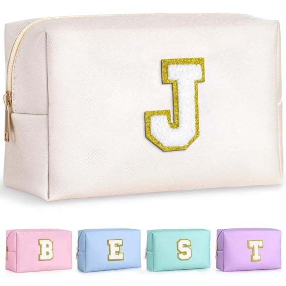TOPEAST Regalos de cumpleaños para niñas, Neceser de viaje de chenilla con diseño de letras, Organizador de maquillaje, Regalos de dama de honor con monograma, Cosas lindas para niñas (J blanca)