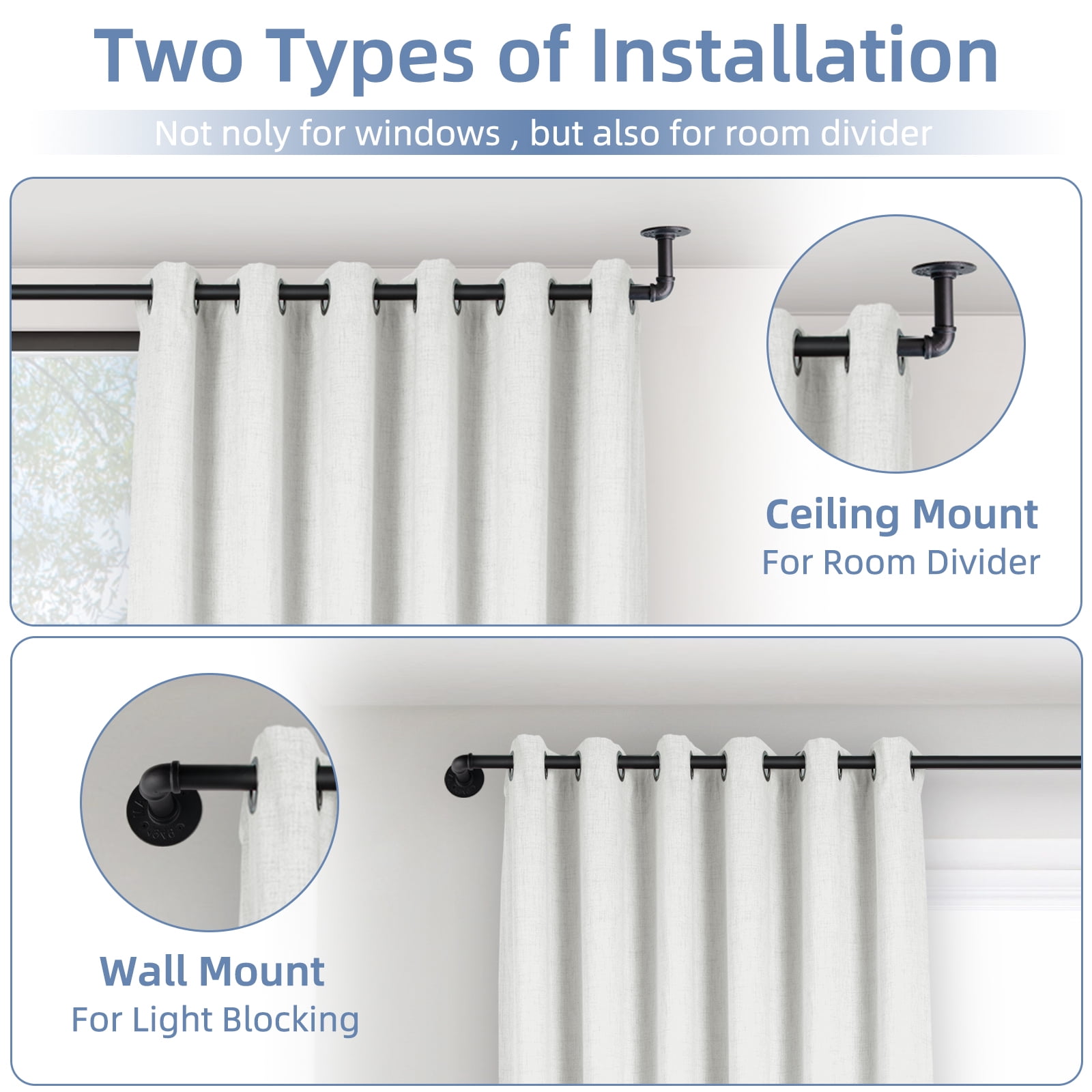 1 Inch Industrial Adjustable Curtain Rod for Windows 48 to 86,Indoor/Outdoor Pipe Wrap Around Curtain Rod