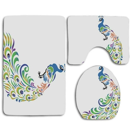 Elegant Bathroom Sets CHAPLLE Colorful Elegant Peacock 3 Piece Bathroom Rugs Set Bath Rug Contour Mat and Toilet Lid Cover ()