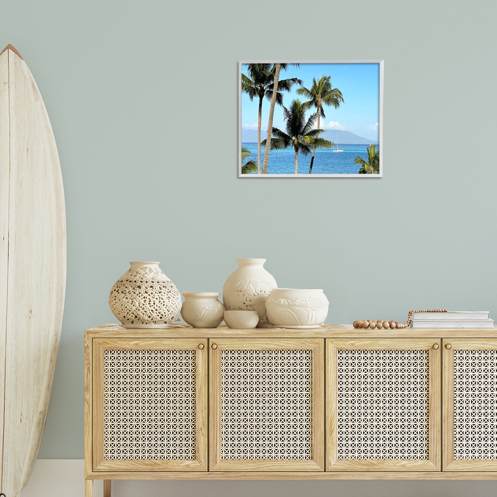 Stupell Industries Palm Trees & Sailboat Landscape Photography White Framed Art Print Wall Art, 20 x 16