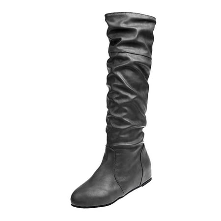 

Qufokar Women Cowboy Boots Wide Calf Leather Boots for Women Calf High Slip Shoes Boots Ladies Womens Round Flat Toe for Womens Pleated Boots Thigh On Women S Boots