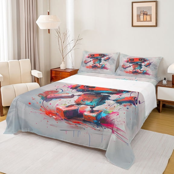Feelyou Red Robot Teens Twin Sheet Sets, Splatter Watercolor Bedding, 3pcs