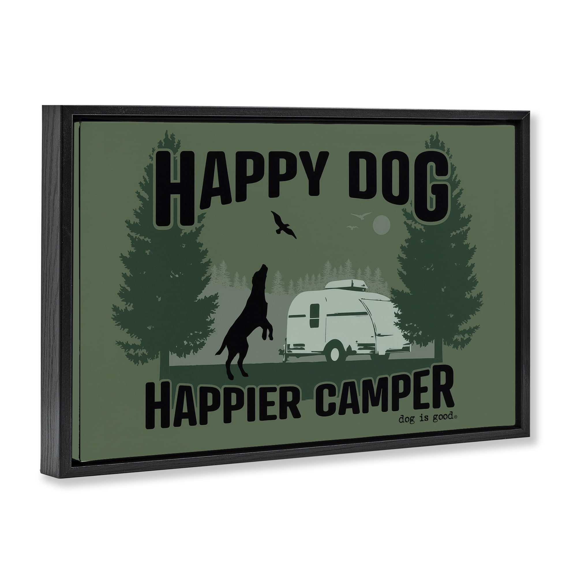 Stupell Industries Happier Camper with Dog Animals Painting Black Floater Framed Canvas Art Print Wall Art, 31 x 21