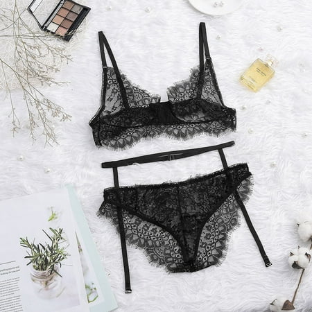 

MRULIC intimates for women New Women Plus Size Lace Lingerie BraThongGarter Underwear Set Black Sleepwear Black + S