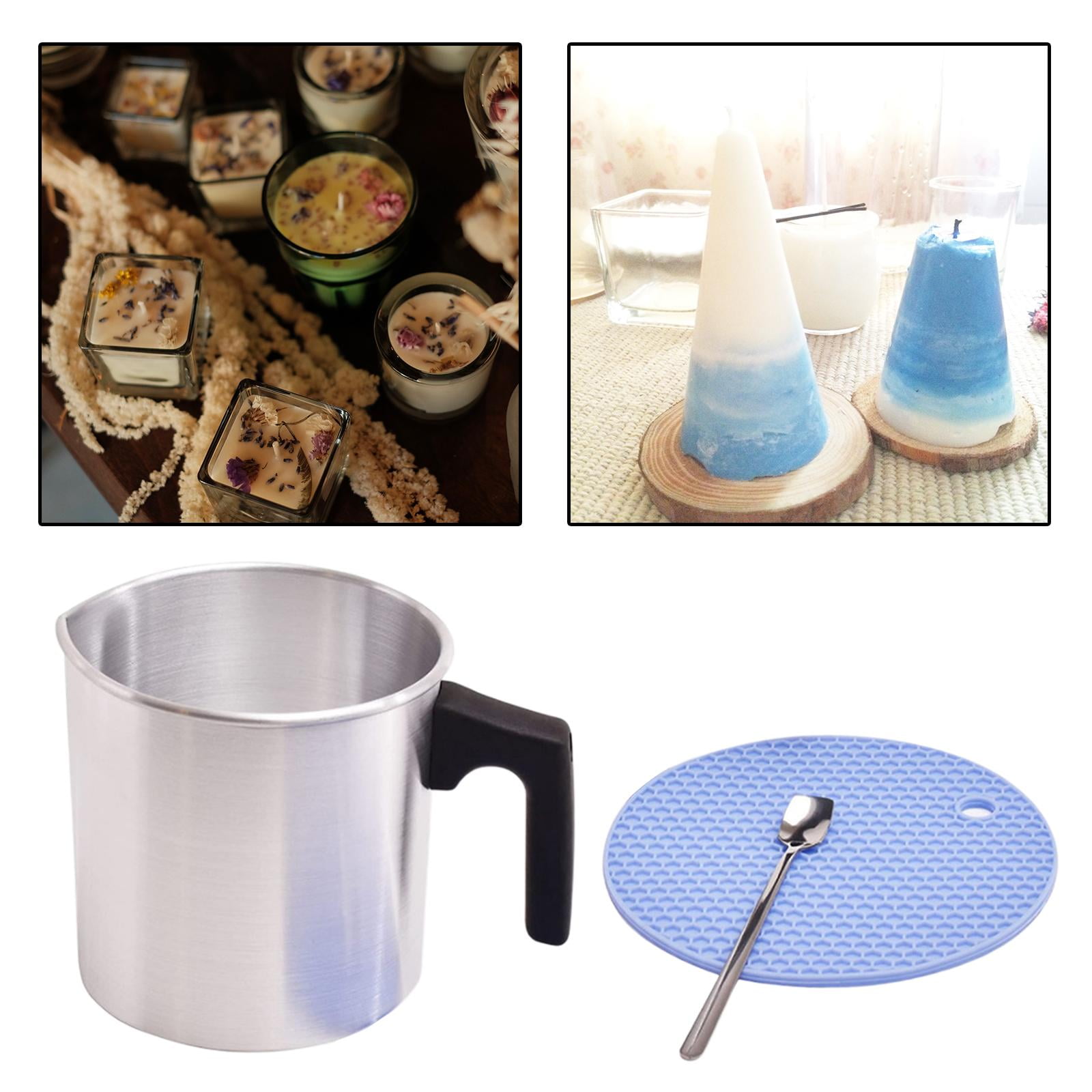 GUOOL Candle Making Pouring Pot, Double Boilers Dripless Pouring Spout Heat-Resistant Handle Wax Melter Pot,Candle Making Supplies with Long Spoon, Cup Mat