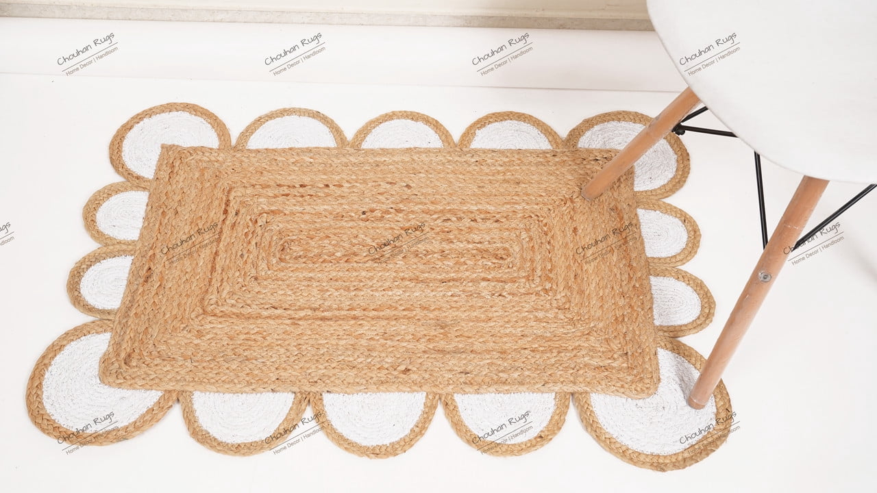 Natural Jute Rug Hand Braided Beige and White Color Scalloped Area Rug Rectangle Rug
