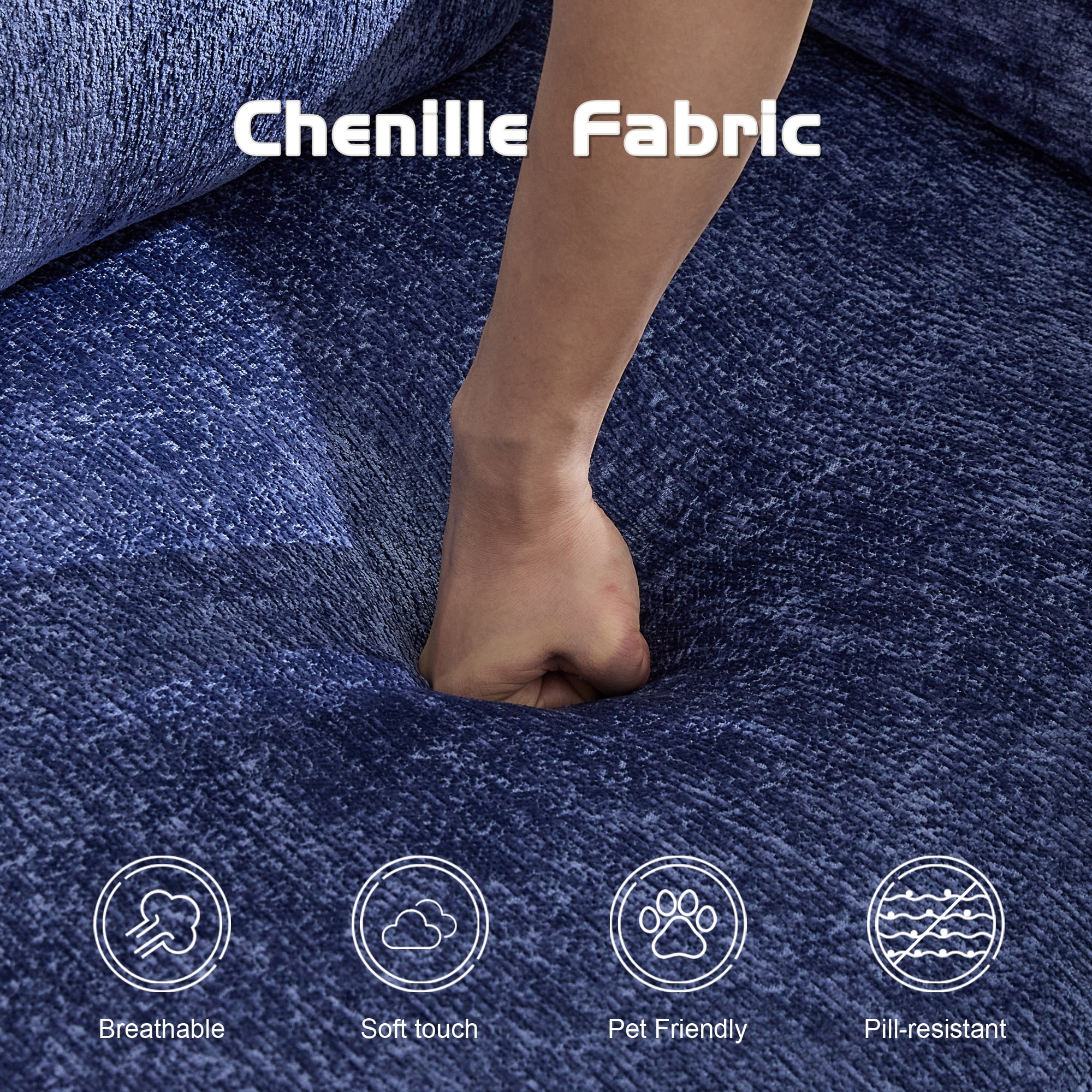 Miniyam Convertible Chenille Sofa Bed Couch, Modular Folding Floor Sleeper with Armrests, Space Saving Design for Living Room, Blue