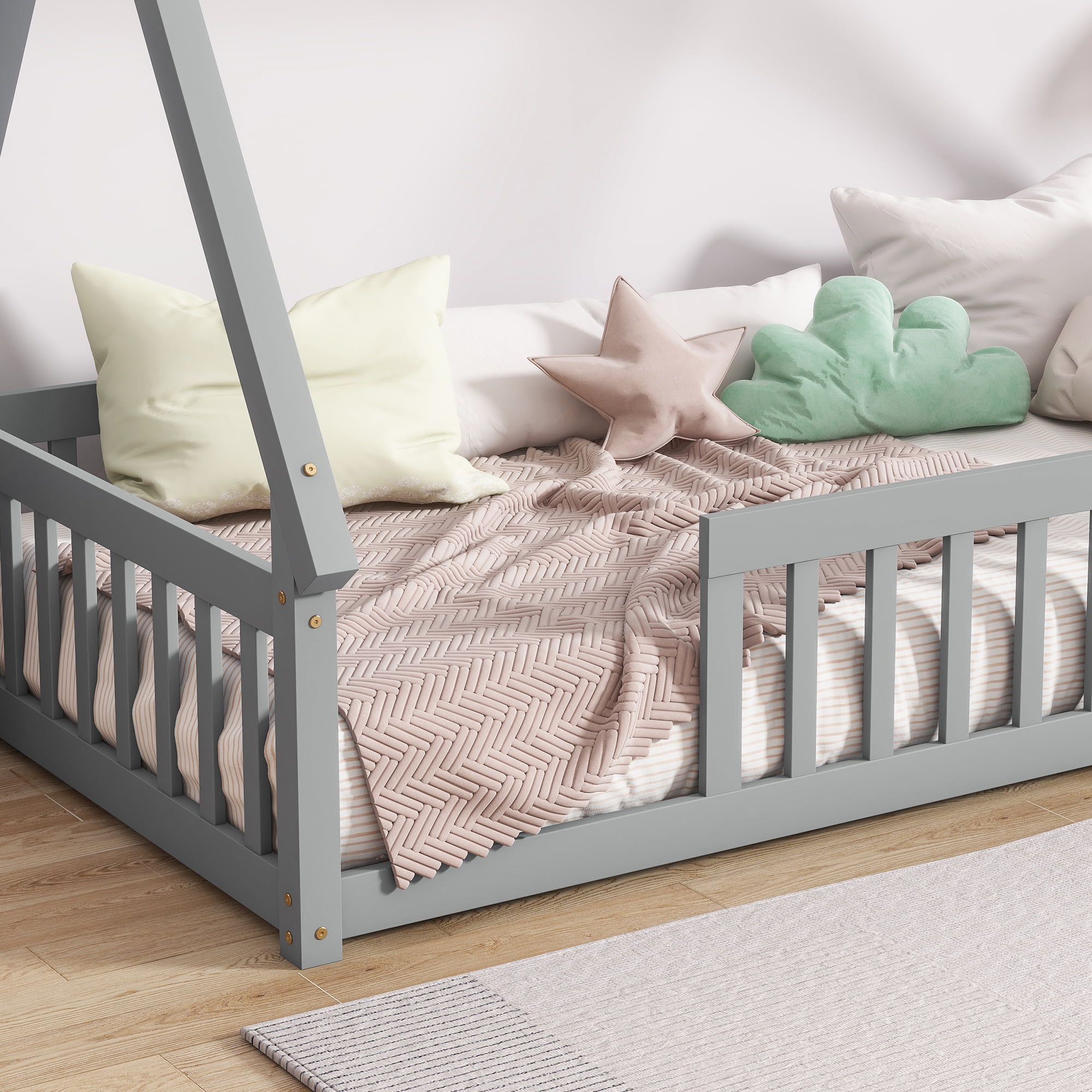Mirightone Twin Size Floor Bed, Montessori Teepee Floor Bed with Rails, Wood Tent-Shaped Bed with Fence (Gray)