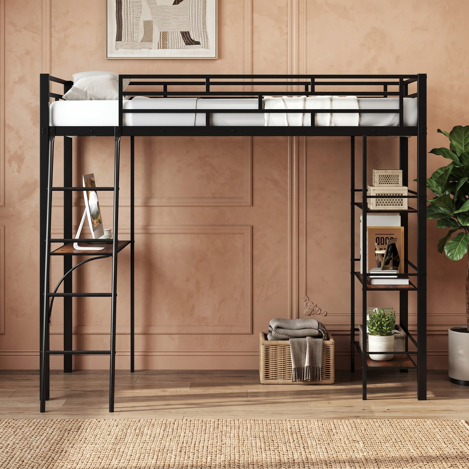 Furnibear Twin Size Loft Bed with Desk and 3-Tier Shelves for Kids and Home, Space-Saving Metal Loft Bed Frame with Ladder and Guardrails, Black