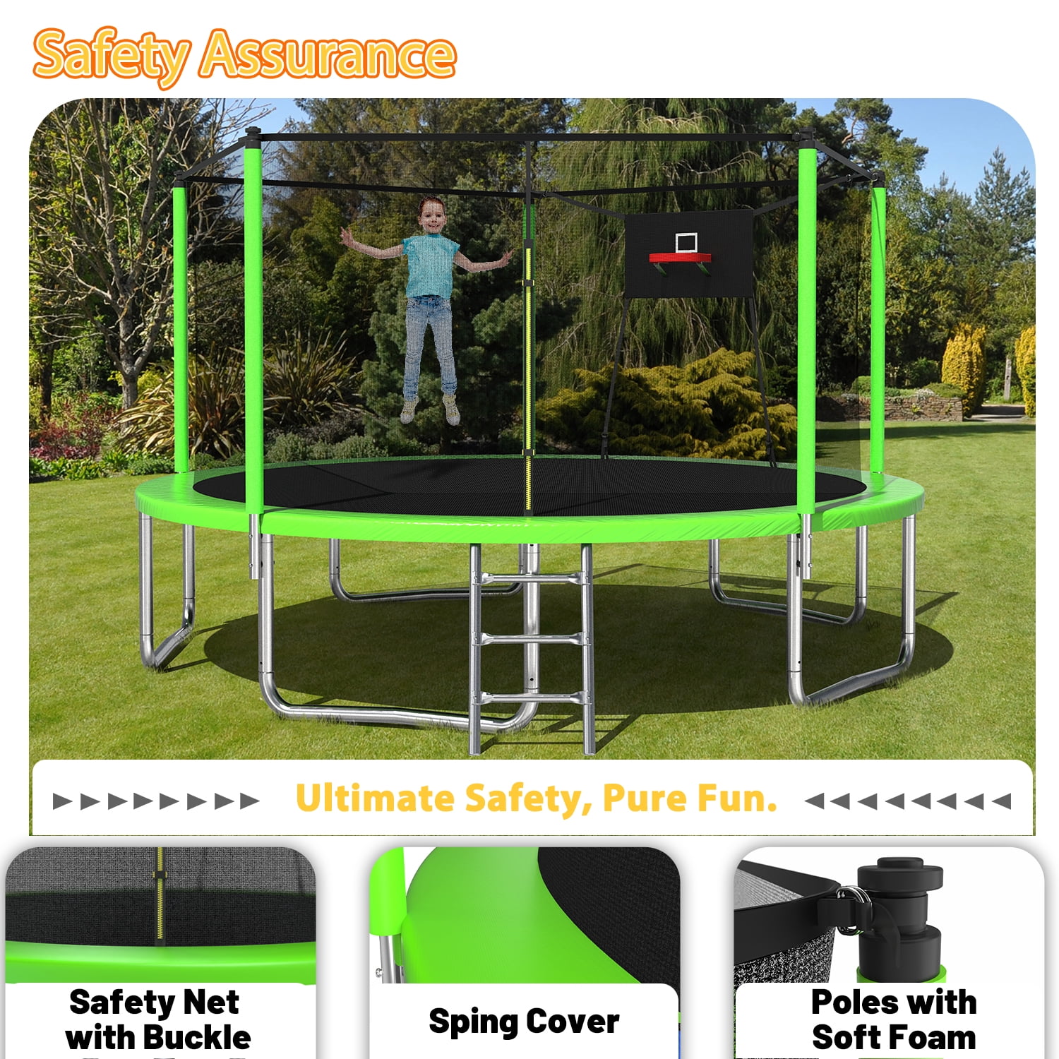 Leumius 14ft Trampoline with Basketball Hoop,Heavy-Duty Outdoor Trampoline with with Enclosure Net,Upgraded Kids Recreational Trampoline for Family,Green