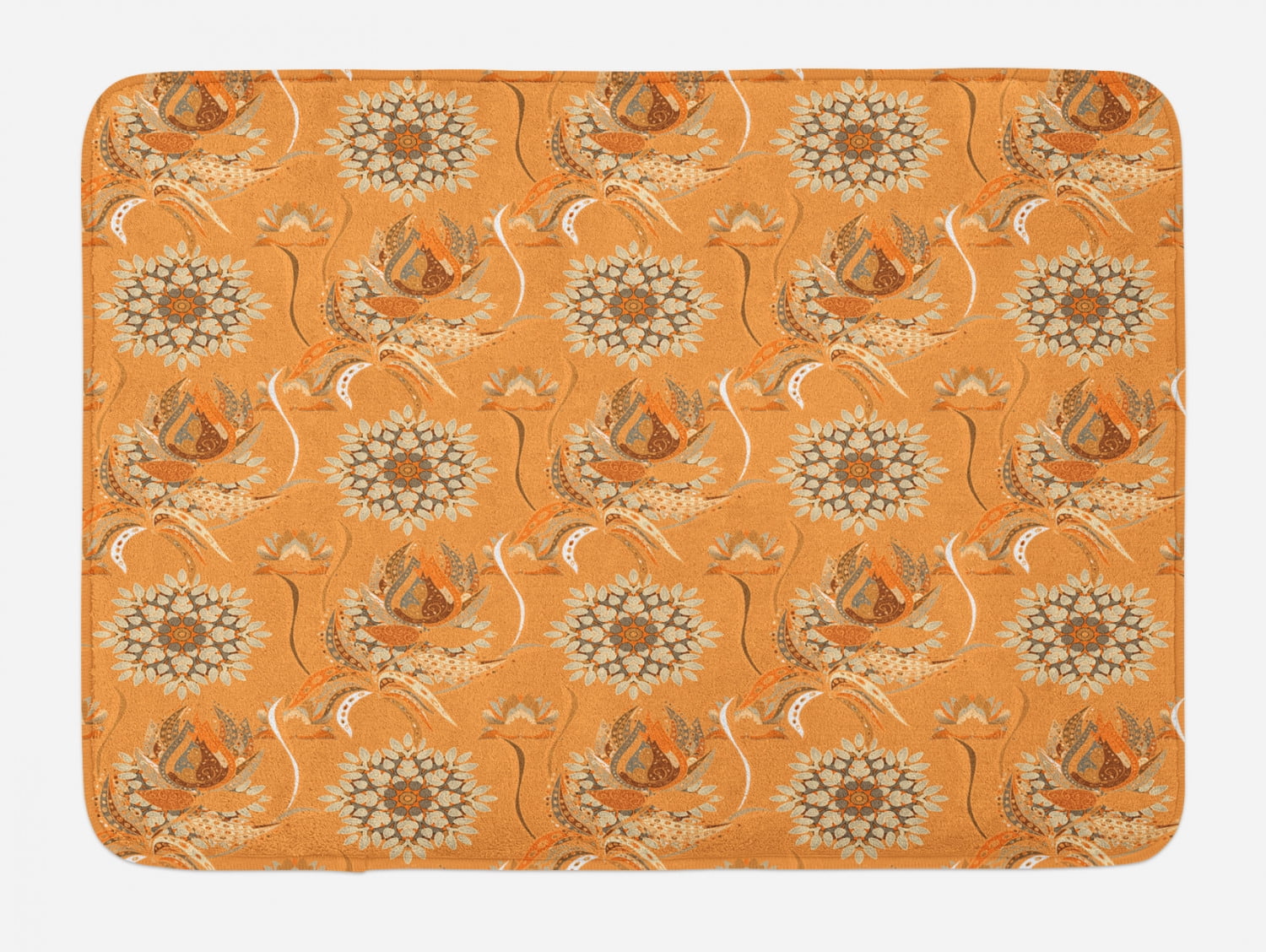 Tan and Brown Bath Mat, Ornamental Ottoman Garden Pattern with Tulips ...