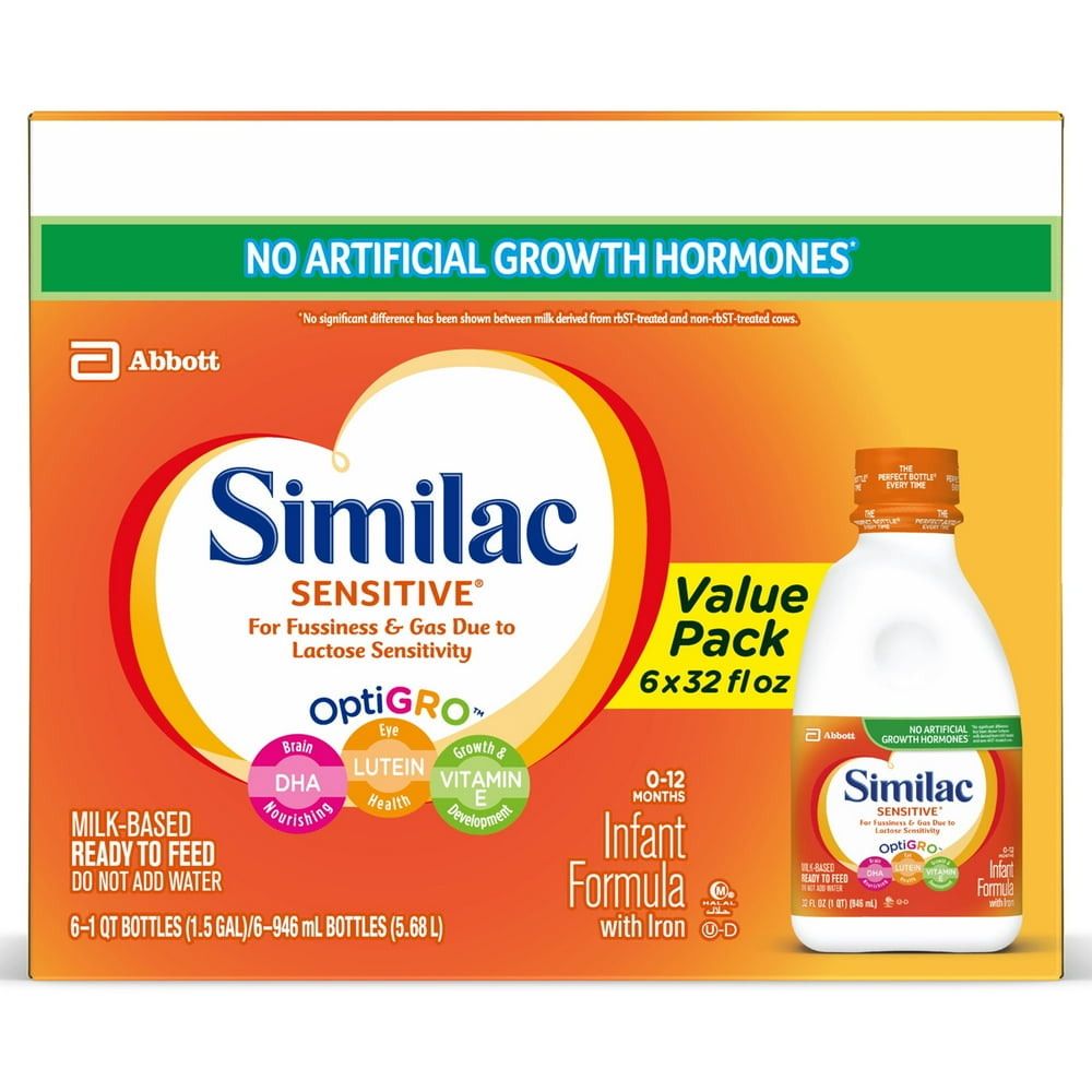 Similac Sensitive Infant Formula with Iron, Ready to Feed, 1 qt (Pack of 6)