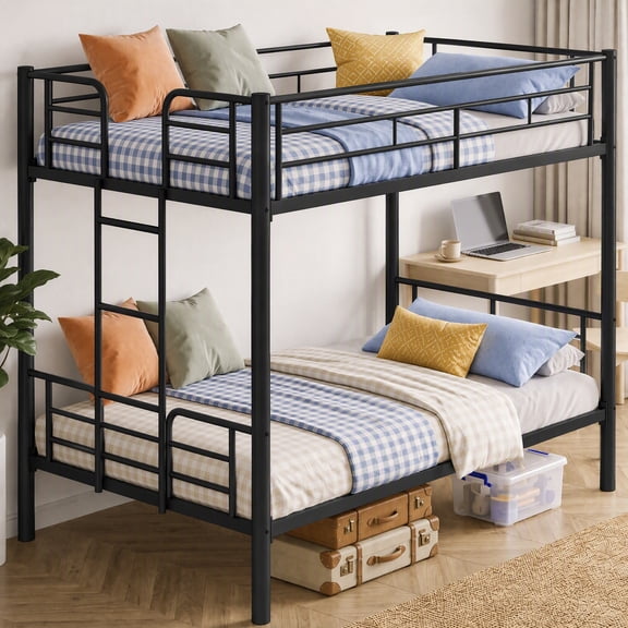 edx Twin Over Twin Metal Bunk Bed with Stairs & Safety Guardrails, Heavy-Duty Steel Frame, No Box Spring Needed, Space-Saving Bunk Beds, Black