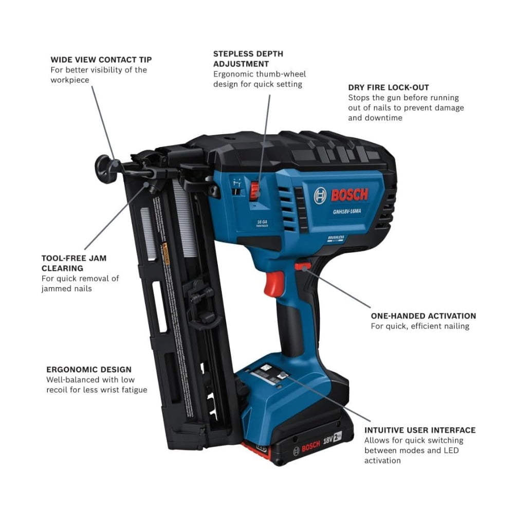 Restored Bosch GNH18V-16MAB12-RT 18V Brushless Lithium-Ion 16-Gauge Cordless Angled Finish Nailer Kit (2 Ah) - (Refurbished)