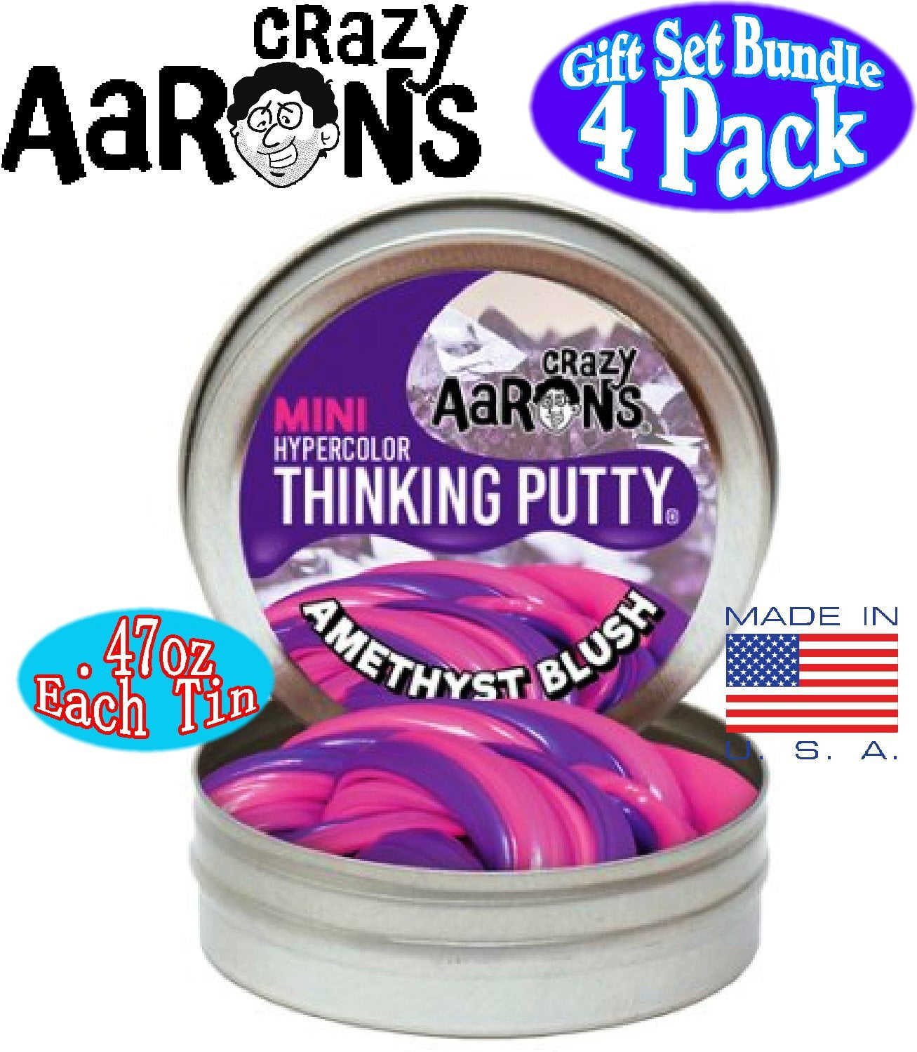 Crazy Aaron's Thinking Putty Set of 3 Tins 1 each Sunburst Ion Amethyst Blush 