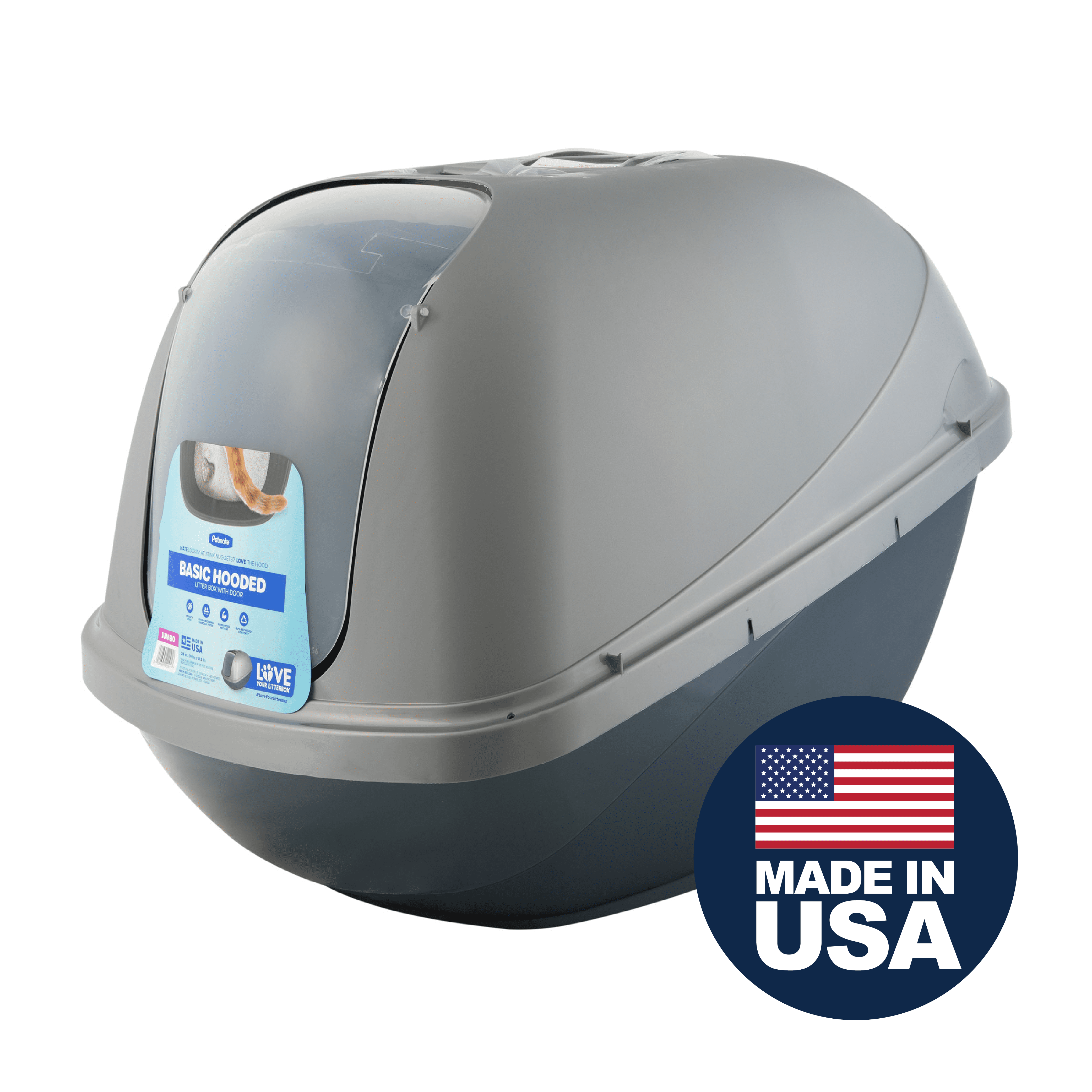Petmate Jumbo Basic Hooded Plastic Cat Litter Pan, Enclosed Cat Litter Box, XL, Pearl Silver Blue
