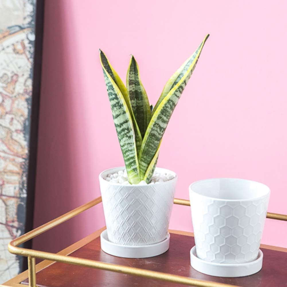 BUYMAX 5" Ceramic plant pots with drainage hole and tray, 4-Pack-4-patterns, gardening home desktop office windowsill decoration， white flower pots indoor