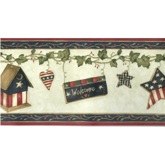 879719 Americana Country Hearts Birdhouse Wallpaper Border MN5001