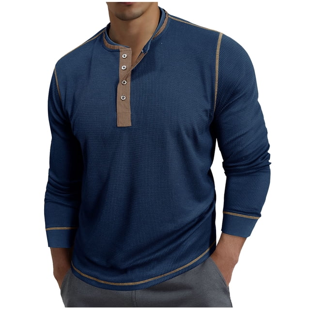 Long Sleeve Round Collar Waffle Knit Base Shirt for Men, Breathable Polyester Casual Top, Solid Color, Lightweight Spring Layering Shirt
